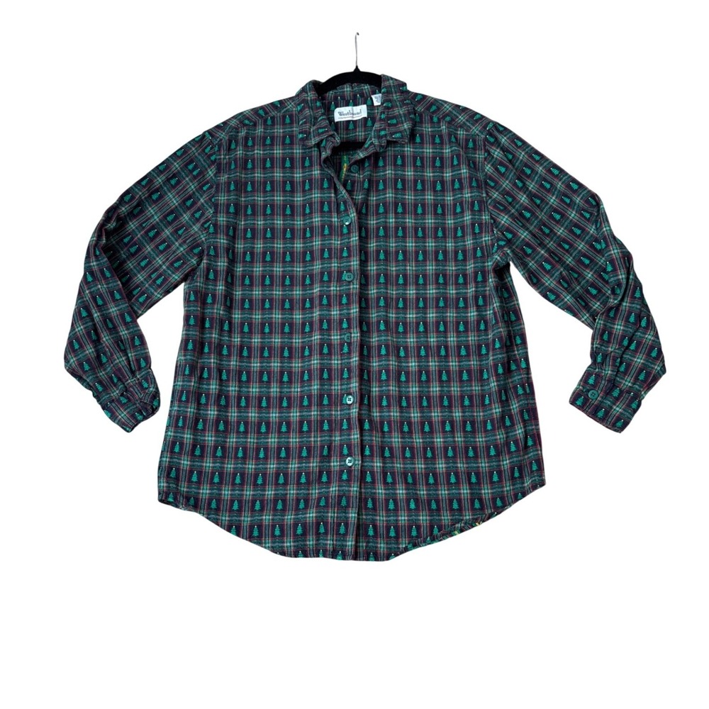 Westbound Button Down Shirt Womens Green Red Plaid Christmas Tree SIZE Large